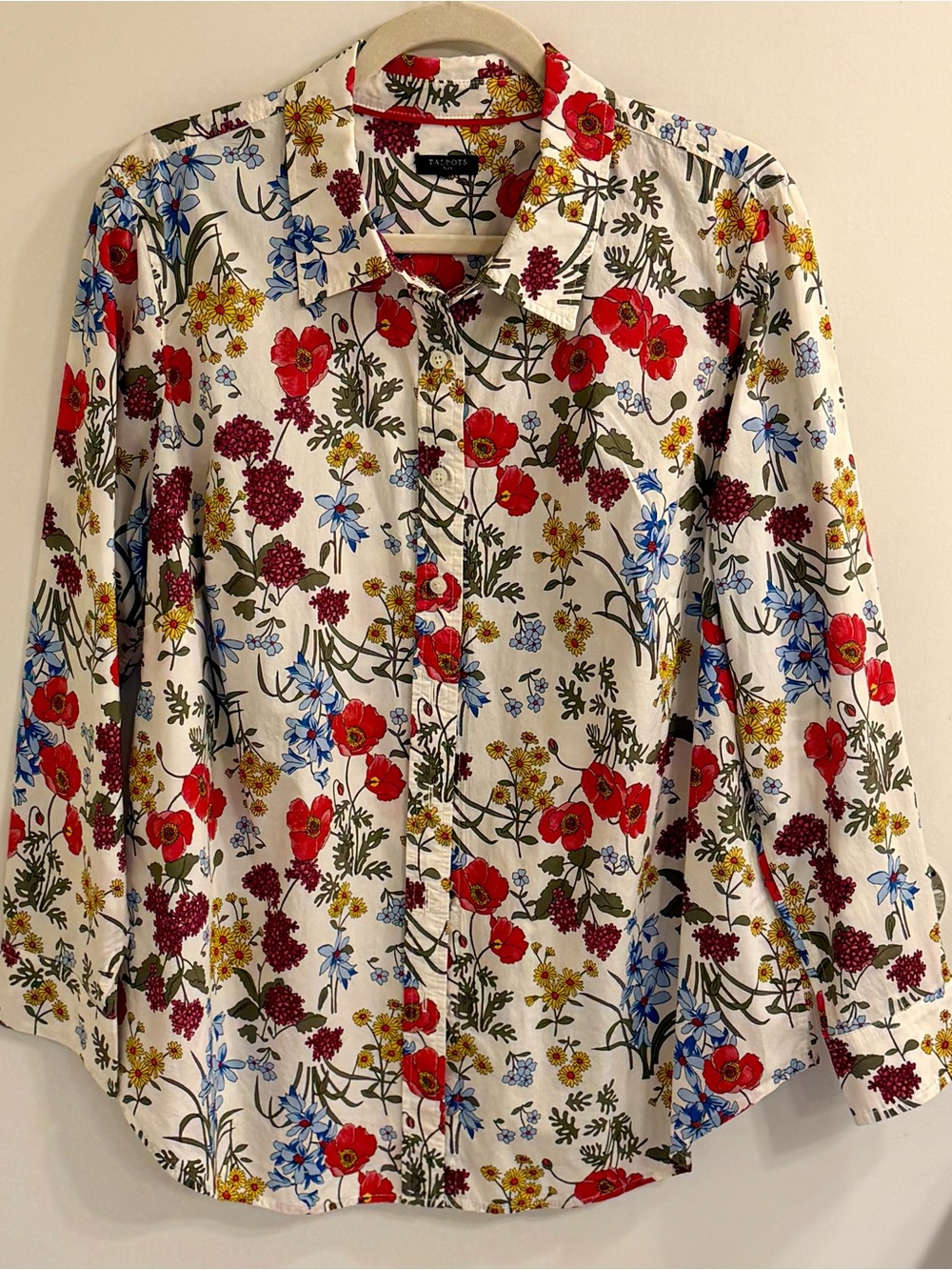 Talbots White Floral Button-Down Shirt with Red, Blue & Yellow Print